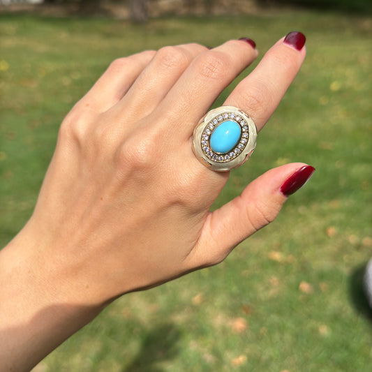 18K Yellow Gold-Plated Brass Oval Turquoise + Round CZ Beige Marbled Enamel Ring