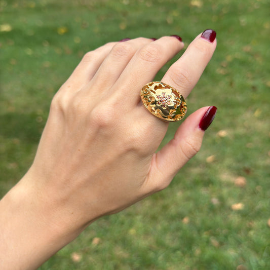 18K Yellow Gold-Plated Brass Brown CZ + Cream Enamel Cut-Out Ring