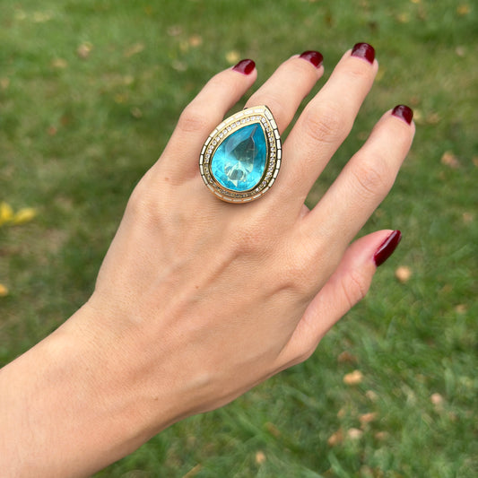 18K Yellow Gold-Plated Brass Pear Synthetic Aquamarine CZ Blue & White Enamel Ring