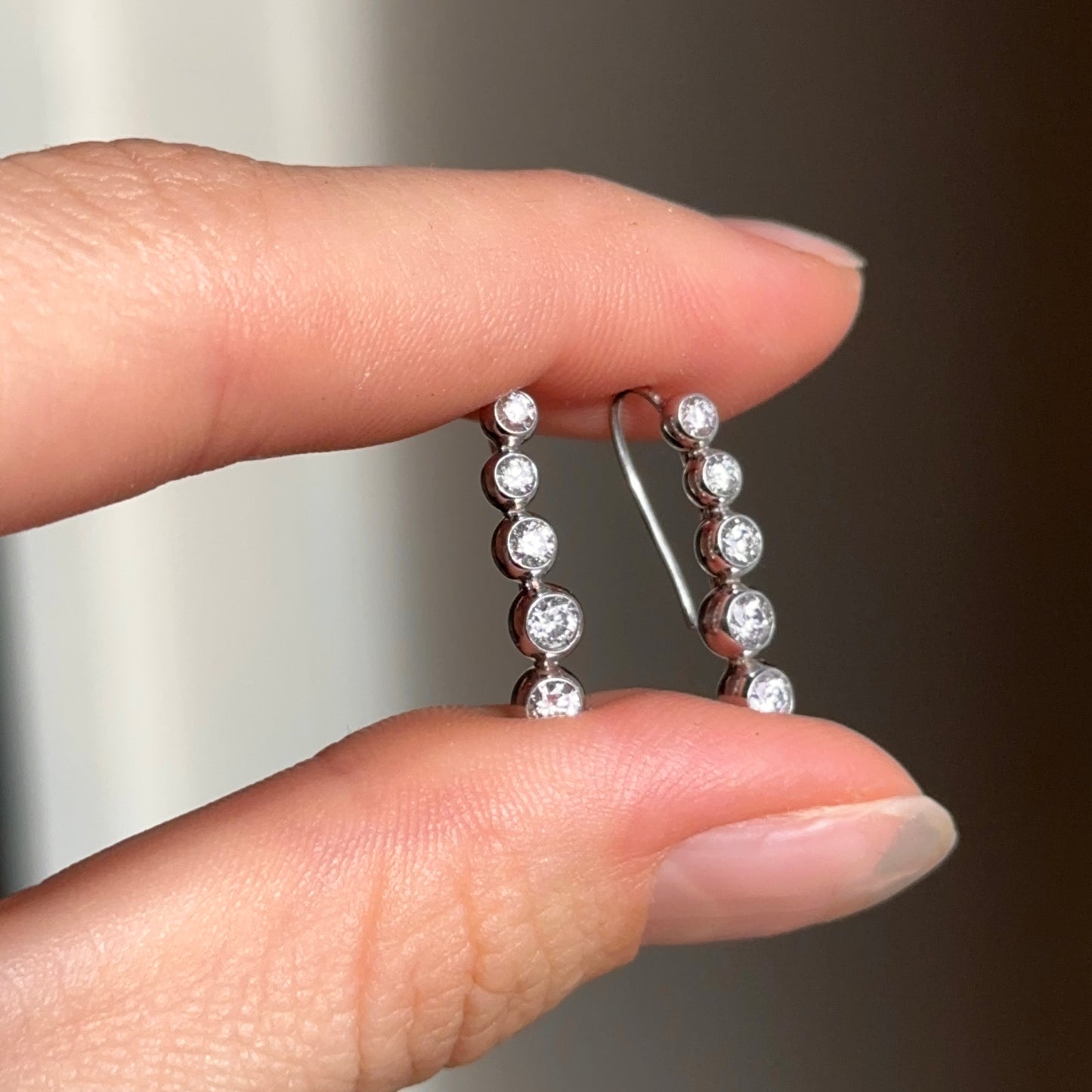 Estate 14KT White Gold Bezel Graduated Diamond Drop Earrings