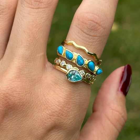 Yellow Gold-Plated Turquoise, Synthetic Blue Topaz, Cubic Zirconia, Plain Set Ring
