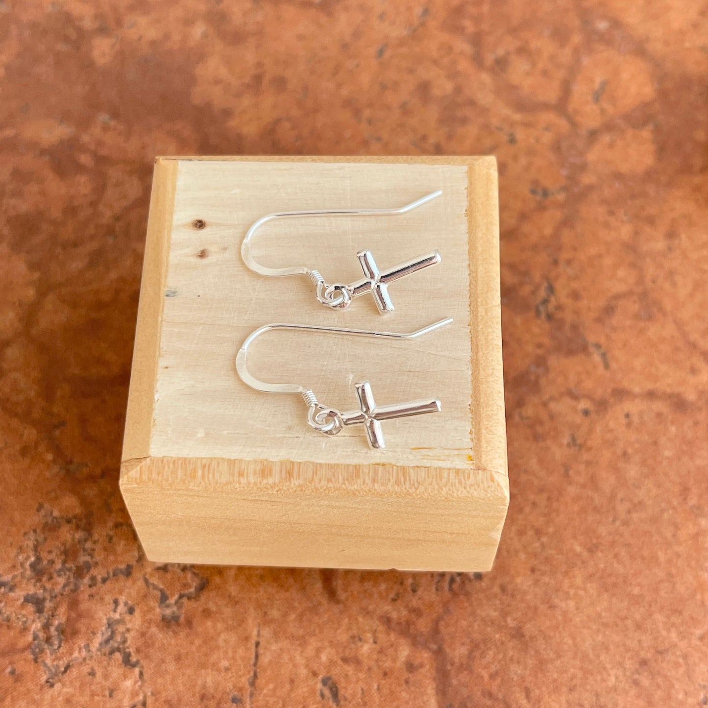 Sterling Silver Beveled Cross Dangle Hook Earrings Small