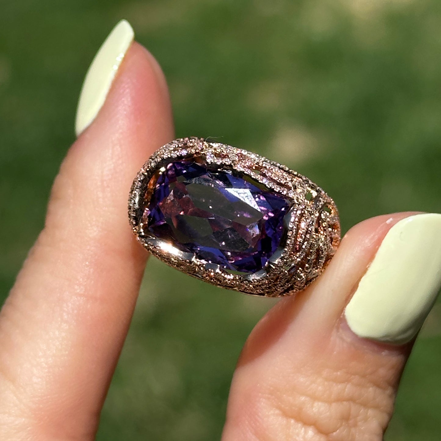 Estate 14KT Rose Gold Radian Amethyst + Diamond Filigree Ring