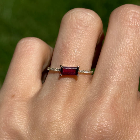 14KT Yellow Gold Rectangle Rhodolite Garnet + Diamond Ring