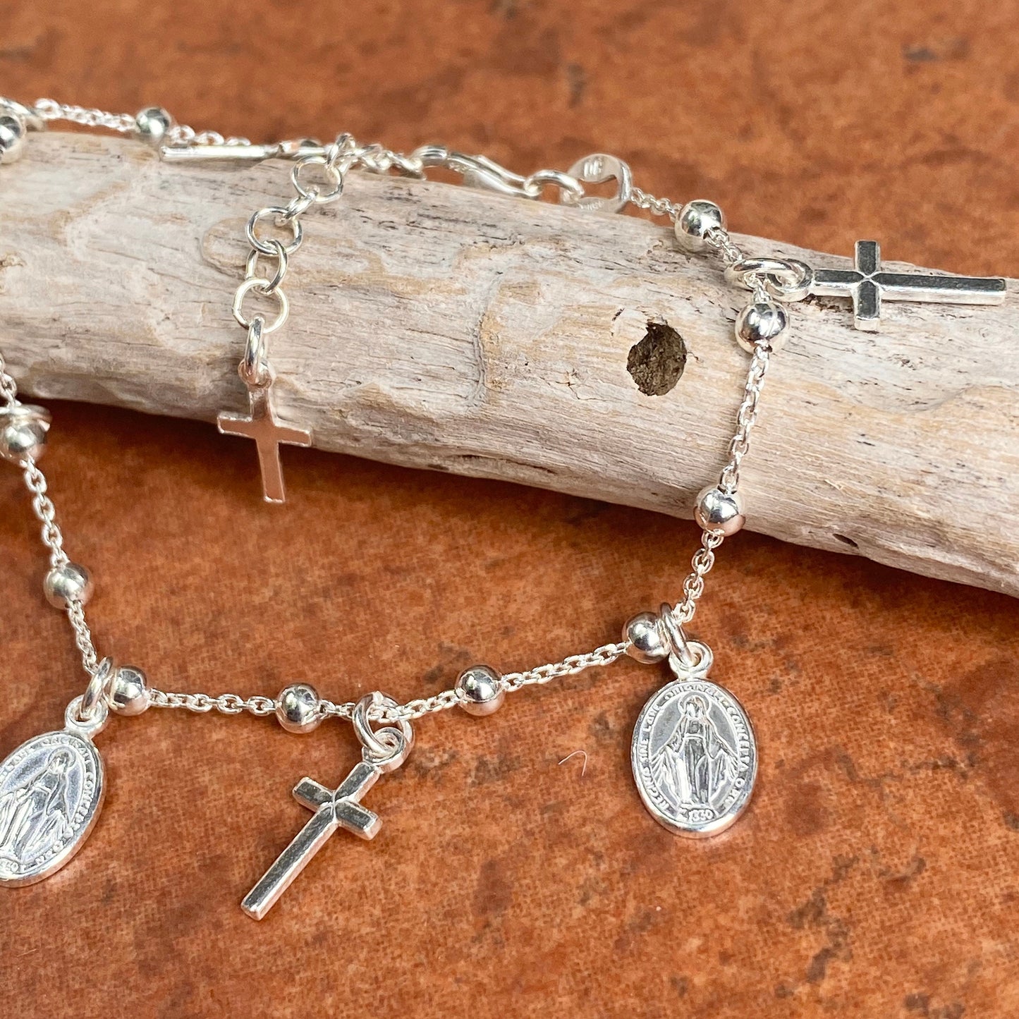 Sterling Silver Chain Cross+ Miraculous Medal Charm Youth Bracelet