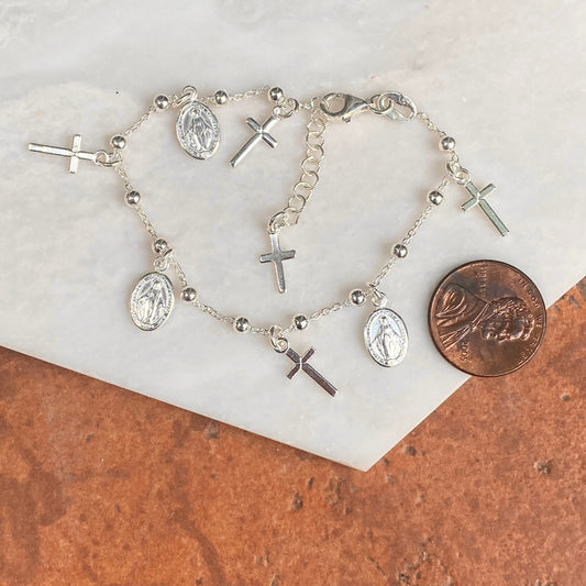 Sterling Silver Chain Cross+ Miraculous Medal Charm Youth Bracelet
