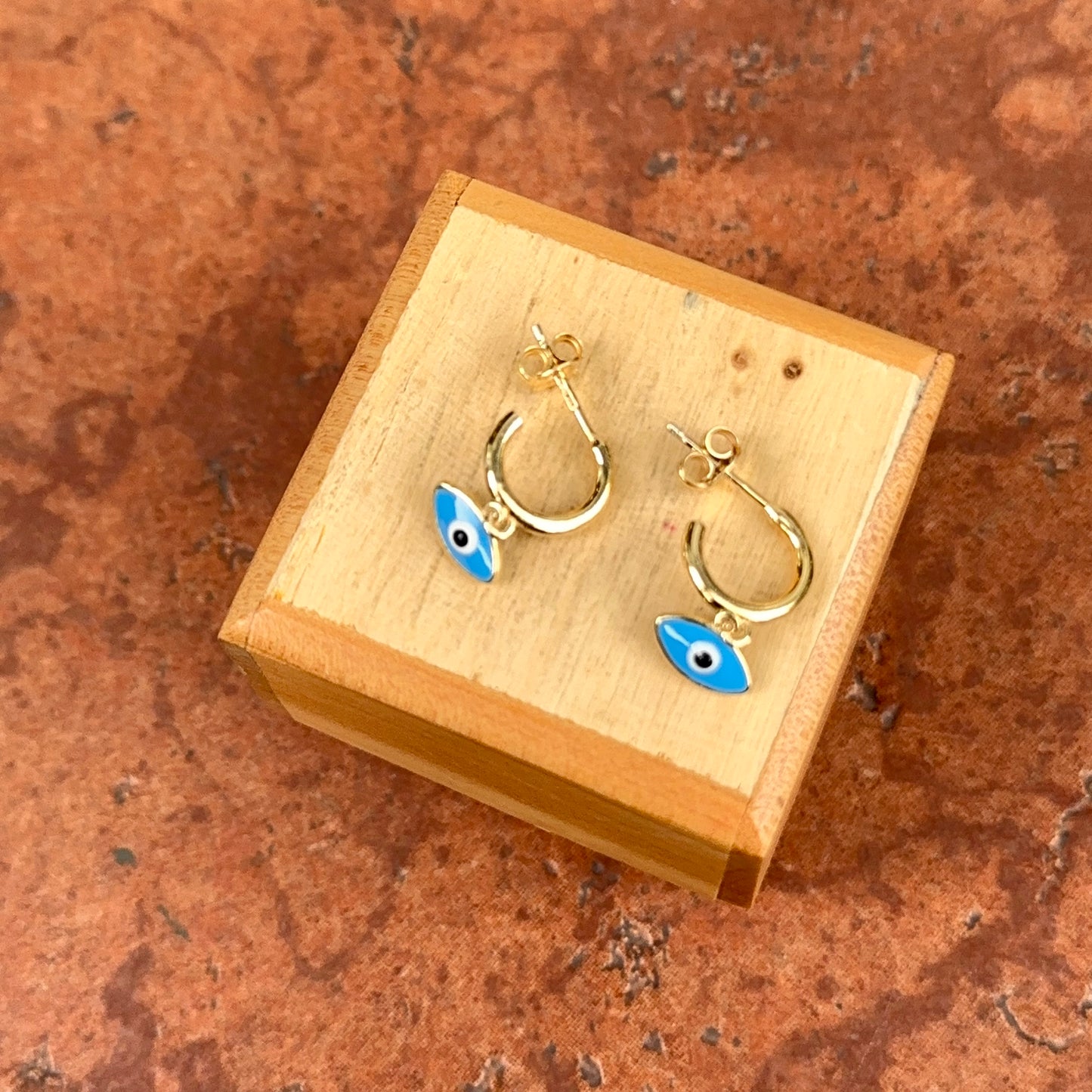 Yellow Gold-PLATED Sterling Silver Blue Evil Eye Charm C-Hoop Post Earrings