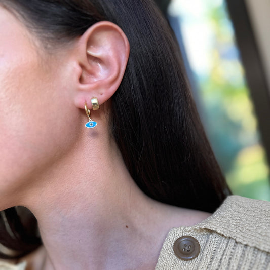 Yellow Gold-PLATED Sterling Silver Blue Evil Eye Charm C-Hoop Post Earrings