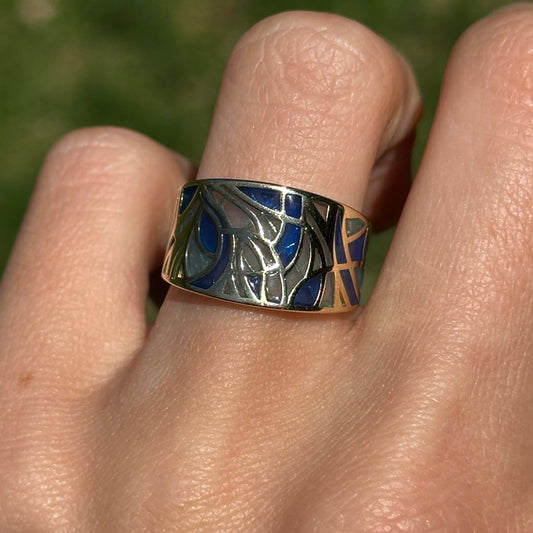 Estate 14KT Yellow Gold Blue Enamel Mosaic Band Ring - LSJ