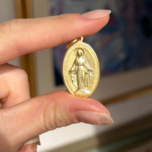 14KT Yellow Gold Matte Oval Miraculous Medal Pendant 27mm