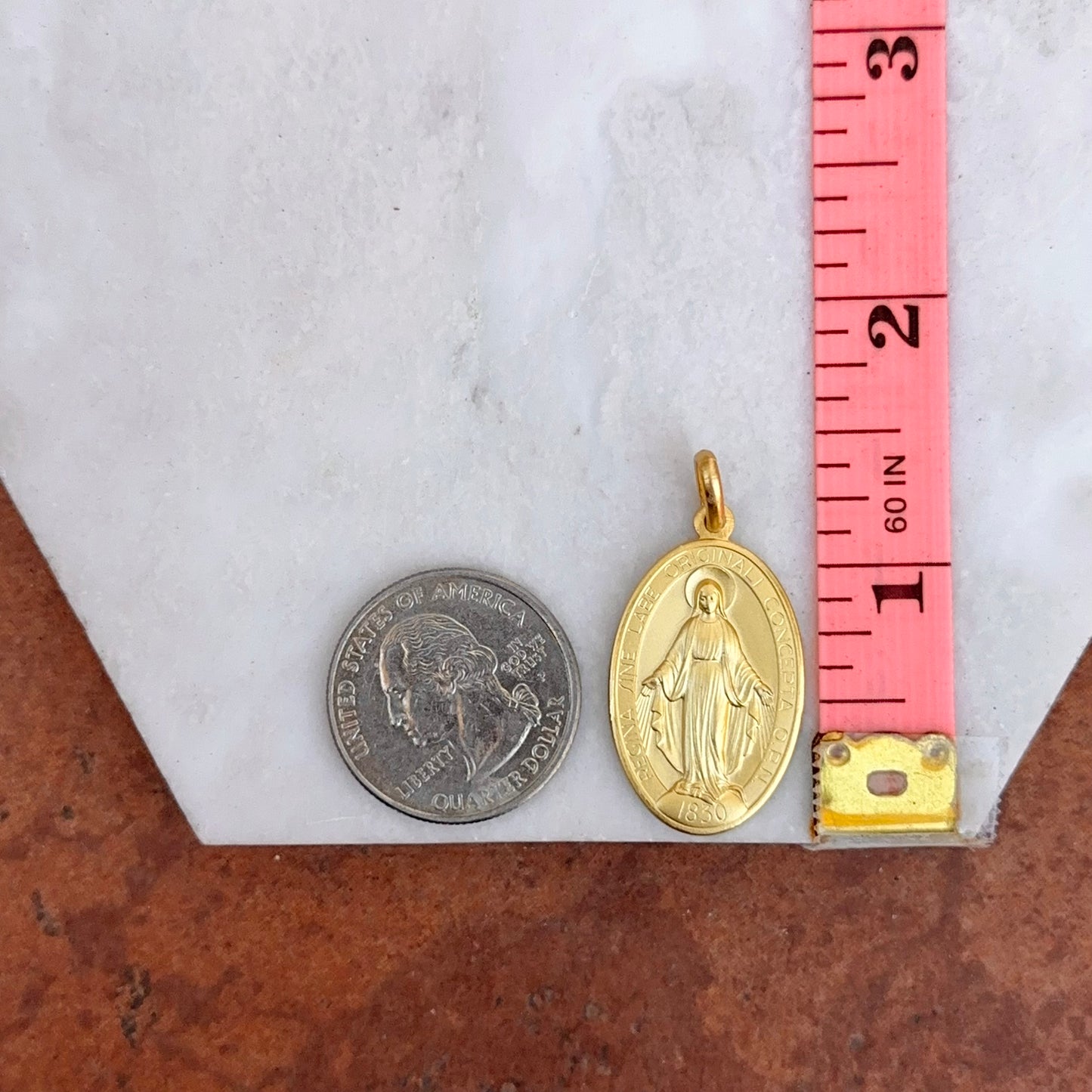 14KT Yellow Gold Matte Oval Miraculous Medal Pendant 27mm