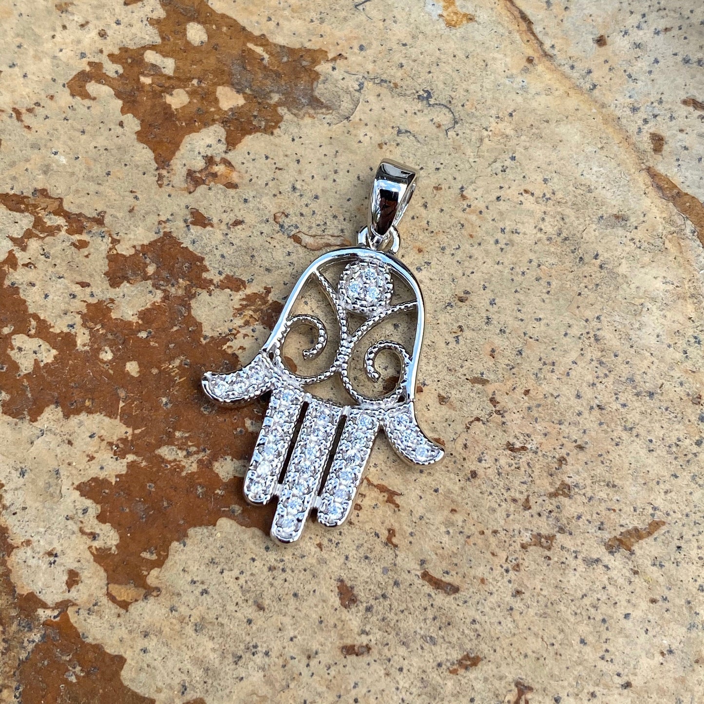 Sterling Silver CZ Filigree Hamsa Chamseh Small Pendant Charm