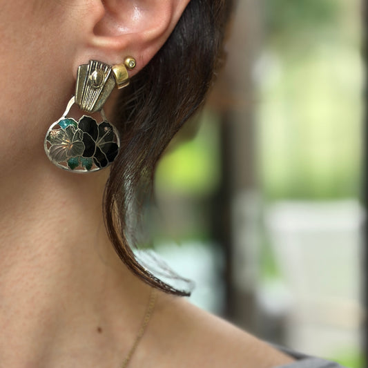 Estate Sterling Silver Black Enamel Cloisonne Hibiscus Earring Charms