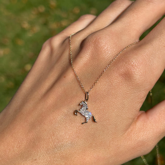 14KT Yellow Gold Pave Diamond Horse Cable Necklace Adjustable 18''