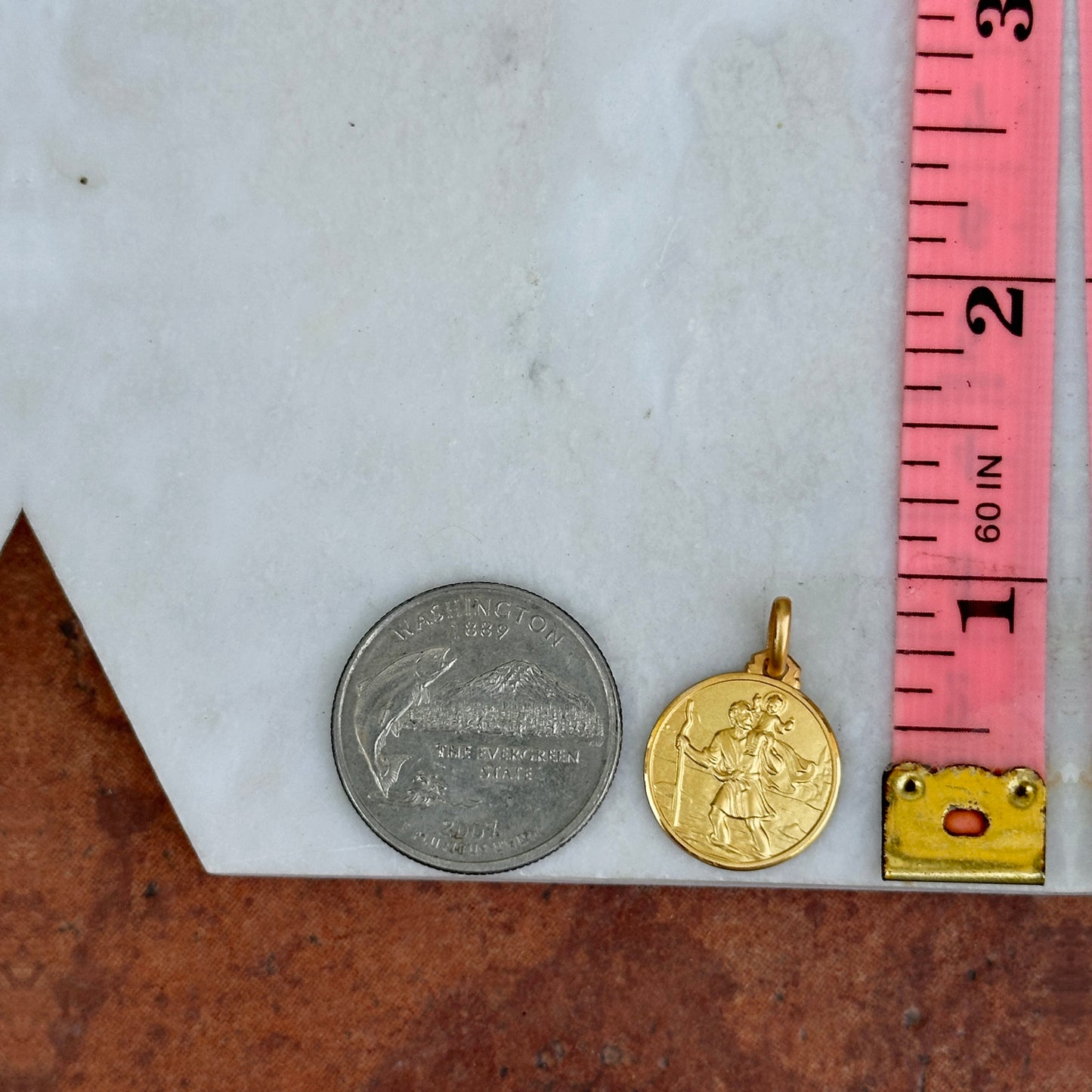 14KT Yellow Gold Matte St Christopher Round Medal Pendant 16mm