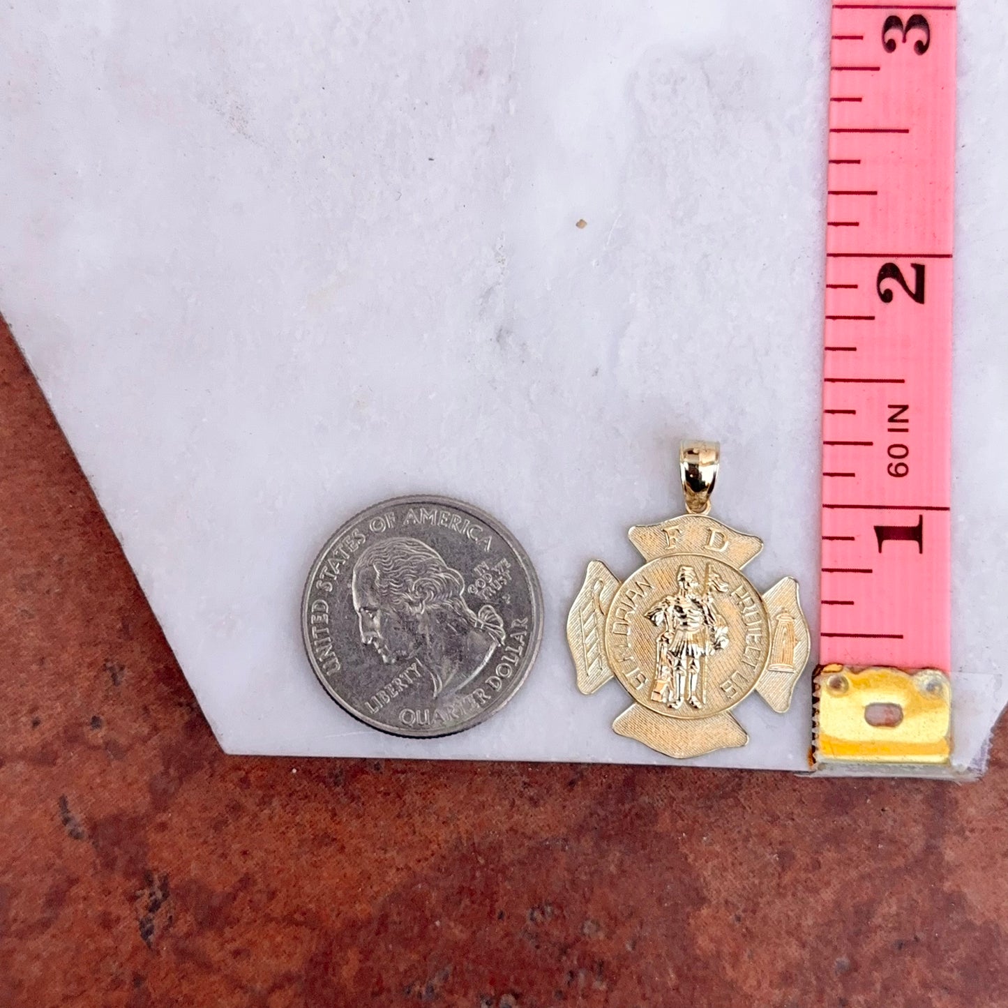 14KT Yellow Gold St Florian Firefighter Badge Pendant 32mm