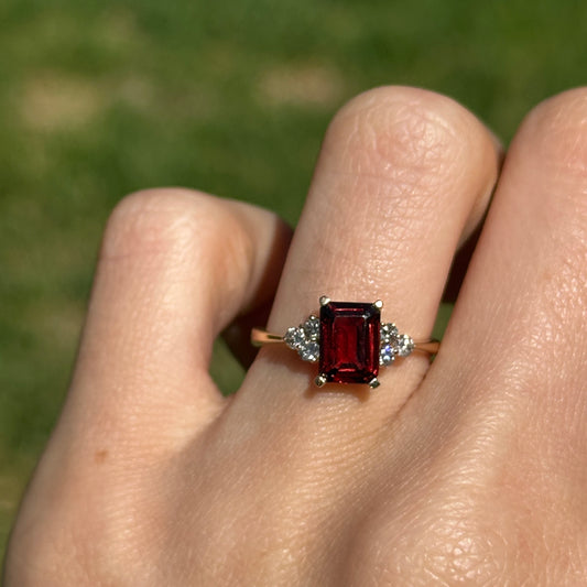 Estate 14KT Yellow Gold Emerald-Cut Garnet + Diamond Accent Ring