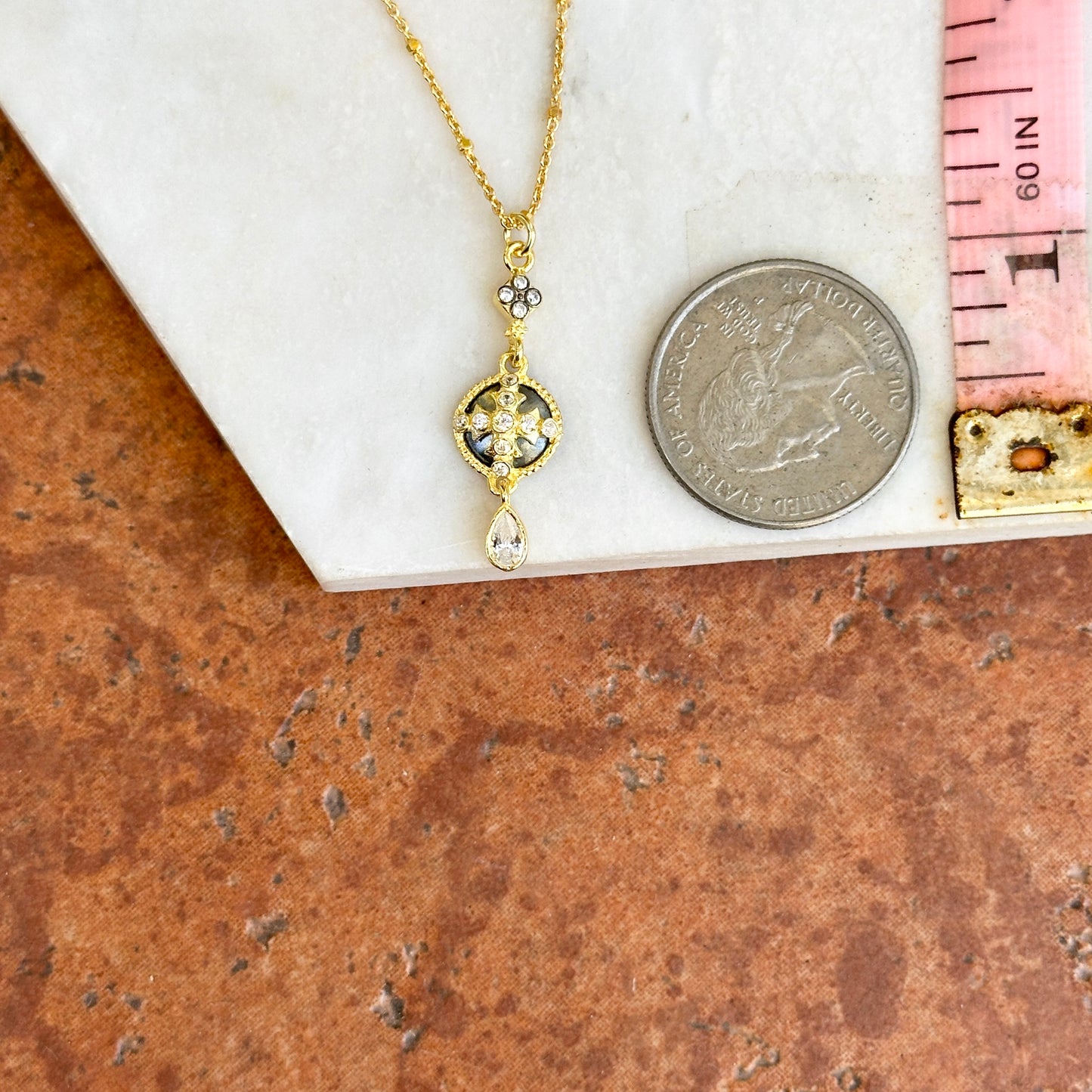 Sterling Silver Yellow Gold-Plated CZ Cross Beaded Chain Necklace