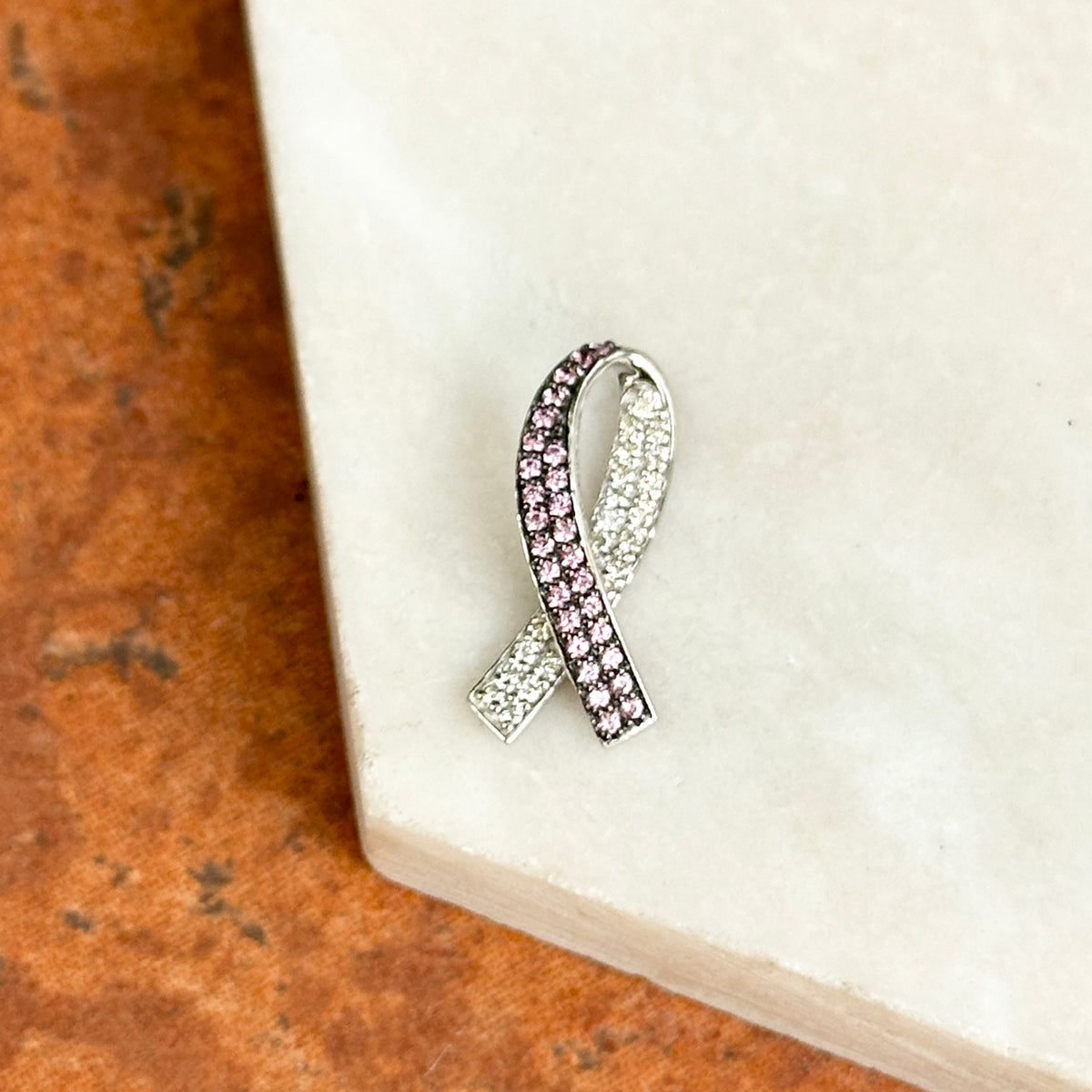 14KT White Gold Pink Sapphire + Diamond Breast Cancer Awareness Ribbon Slide Pendant