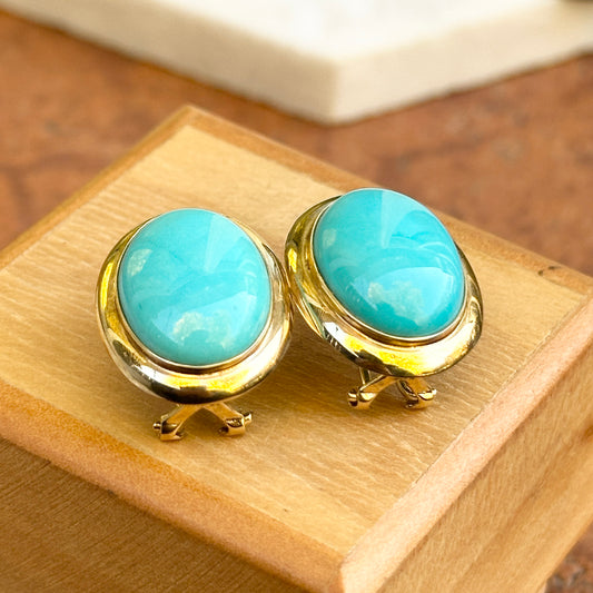14KT Yellow Gold Cabochon Oval Turquoise Bezel Pierced Earrings