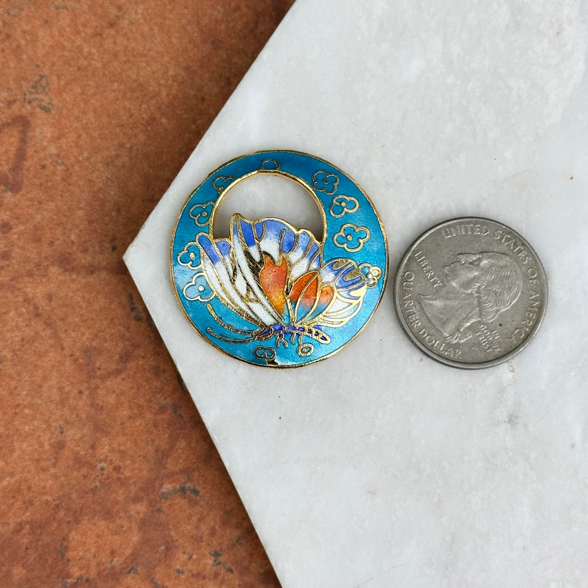 Estate Gold-Tone Aqua Blue Enamel Cloisonne Round Earring Charms