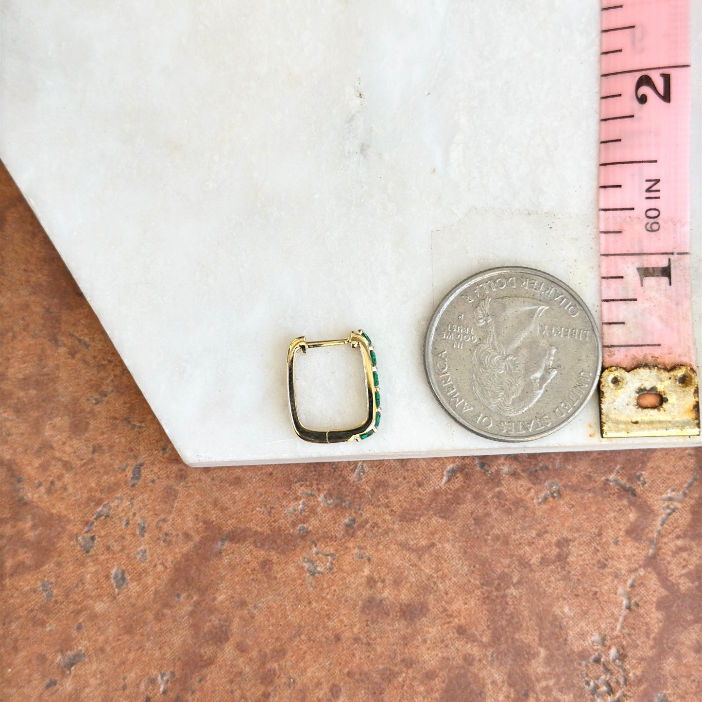 10KT Yellow Gold Rectangle Lab-Grown Emerald Hoop Earrings 14mm