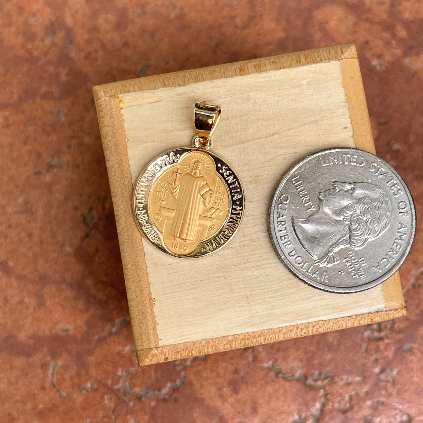 14KT Yellow Gold Matte St Benedict Round Medal Pendant 18mm