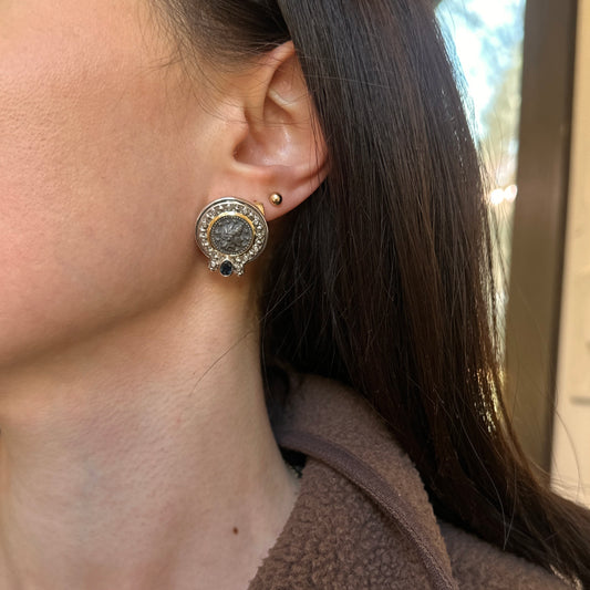 Estate 14KT Yellow Gold Bezel + Sterling Silver Roman Coin Diamond Sapphire Earrings