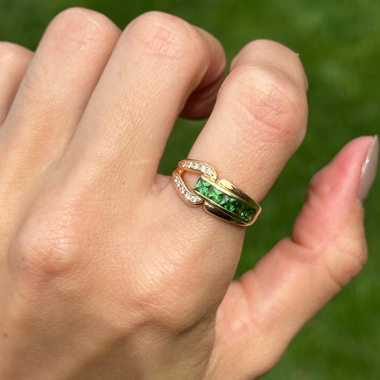 Estate 18KT Yellow Gold Green Garnet + Diamond Channel-Set Ring