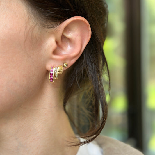 Estate 14KT Yellow Gold Baguette Ruby + Diamond Channel-Set J Hoop Earrings - LSJ