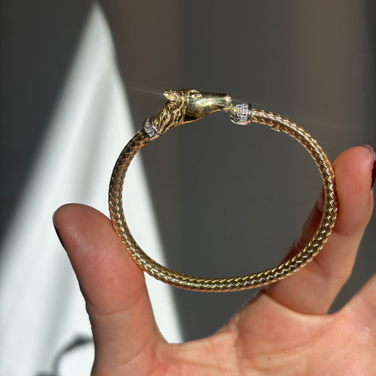 Estate 18KT Yellow Gold Horse Head Cuff Bracelet Weave Textured + Pave Diamonds