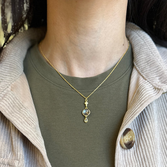 Sterling Silver Yellow Gold-Plated CZ Cross Beaded Chain Necklace