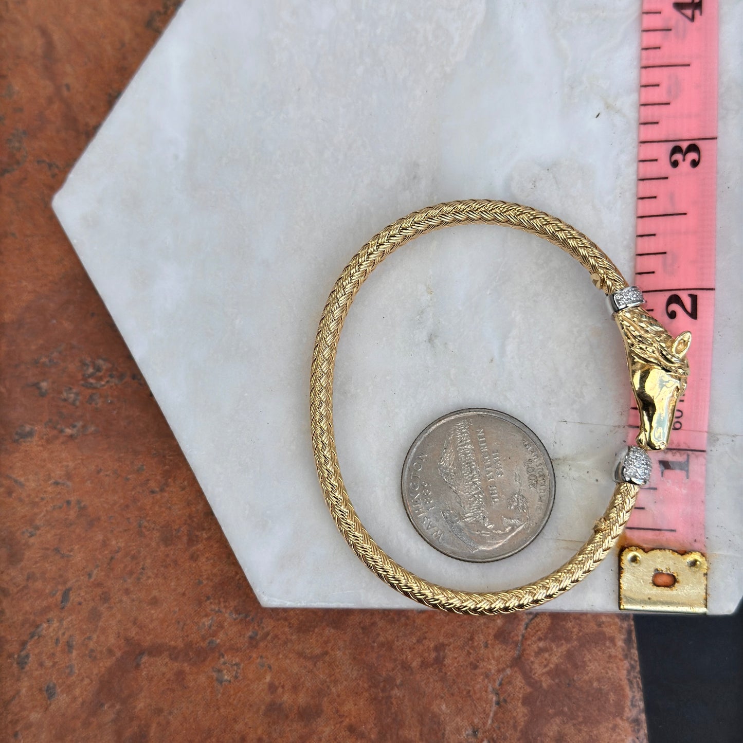 Estate 18KT Yellow Gold Horse Head Cuff Bracelet Weave Textured + Pave Diamonds