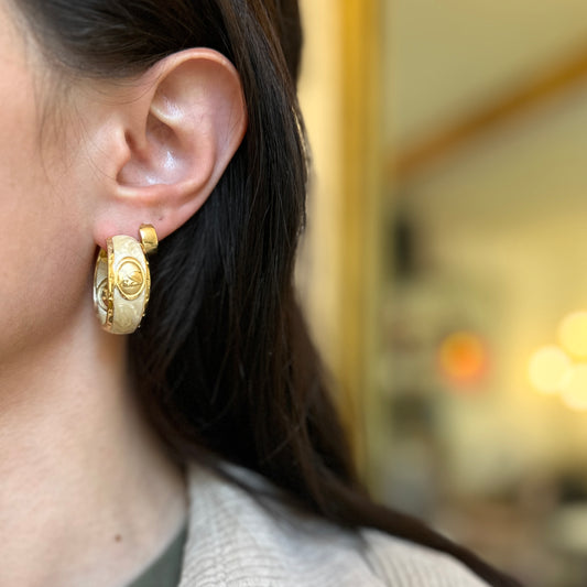 18K Yellow Gold-Plated Brass Equestrian Marbled Cream Enamel Hoop Earrings