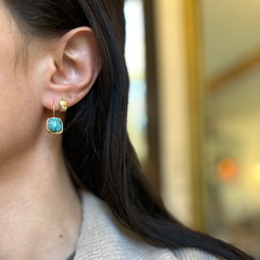 Yellow Gold-Plated Square Mosaic Turquoise Bezel Drop Wire Earrings