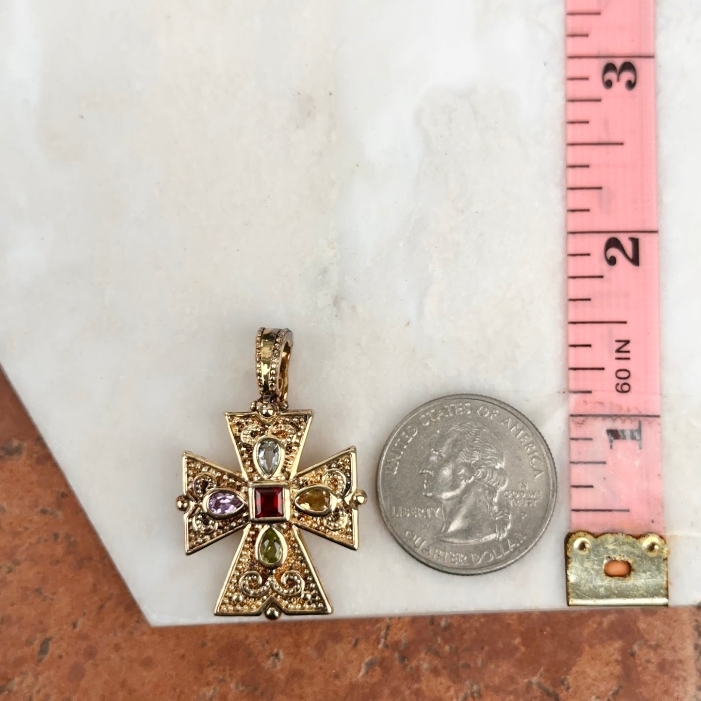 Estate Gold-Plated Sterling Silver Byzantine Gemstone Cross Pendant
