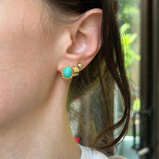 Estate 14KT Yellow Gold Oval Turquoise Twisted Setting Stud Earrings