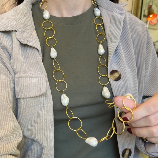 Yellow Gold-Plated Round Link + Pearl Bead Necklace 40''