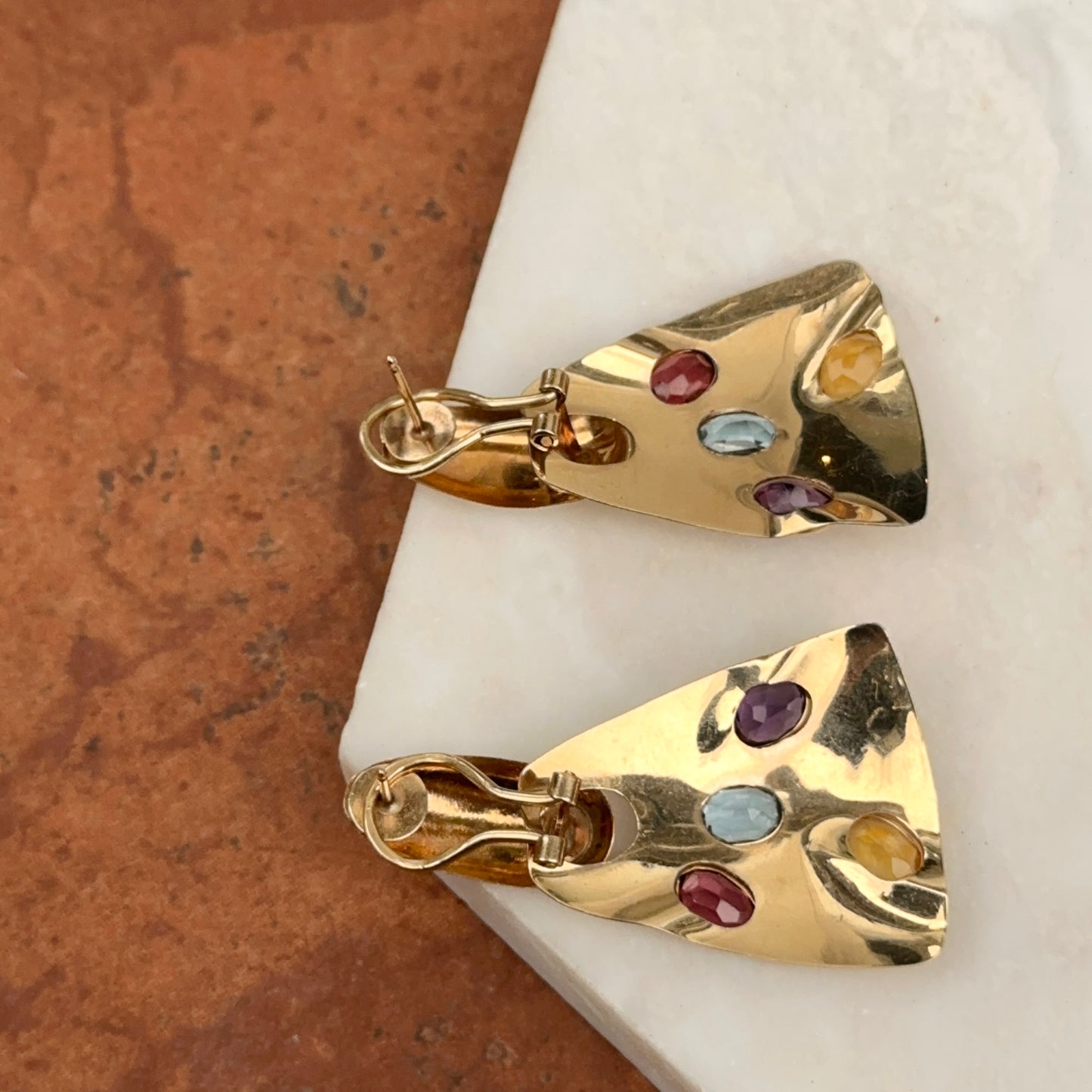 Estate 14KT Yellow Gold Colorful Gemstone Door Knocker Earrings