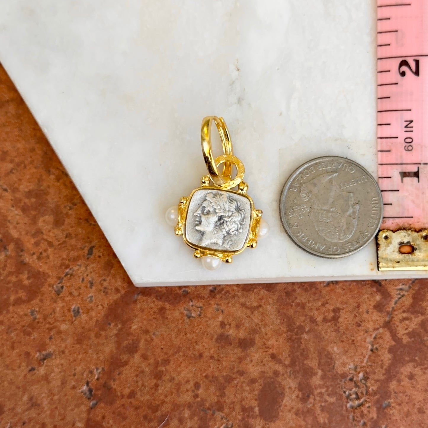 Yellow Gold-Plated Pearl Bead Roman Silver Square Coin Dangle Hoop Earrings