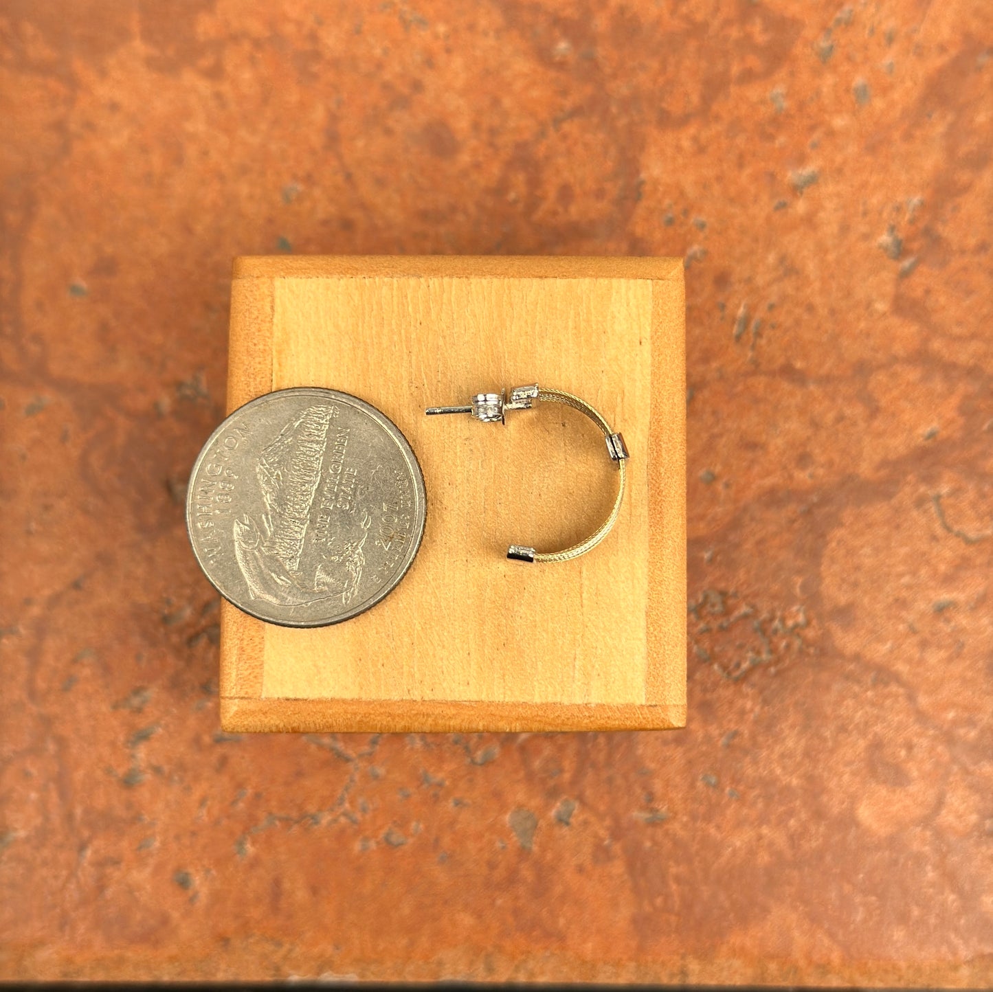 Estate 14KT Two-Tone White Gold + Yellow Gold Mesh Cable Hoop Station Earrings