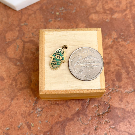 14KT Yellow Gold Malachite Filigree Hamsa Pendant Charm
