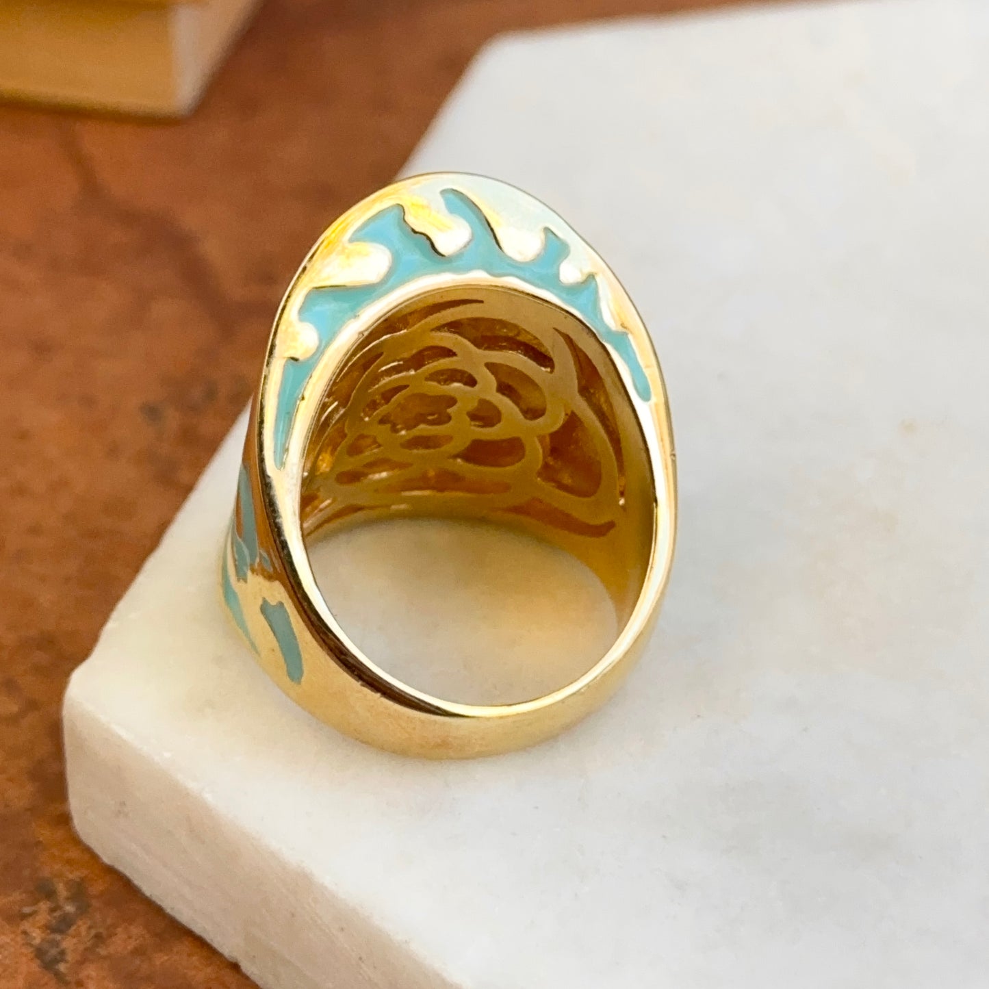 18K Yellow Gold-Plated Brass Floral Round CZ + Turquoise Enamel Saddle Ring