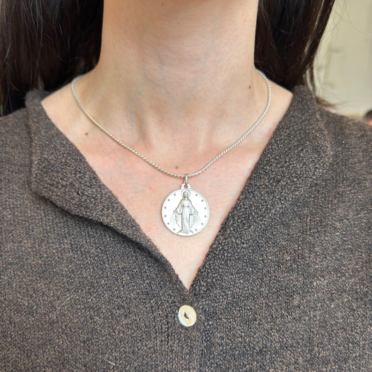 Sterling Silver Miraculous Mary Round Medal Pendant 30mm