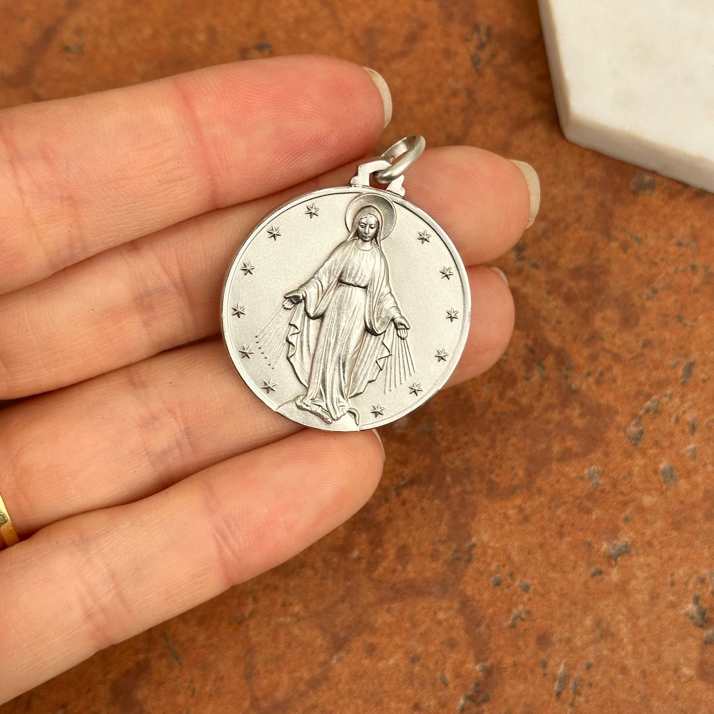 Sterling Silver Miraculous Mary Round Medal Pendant 30mm