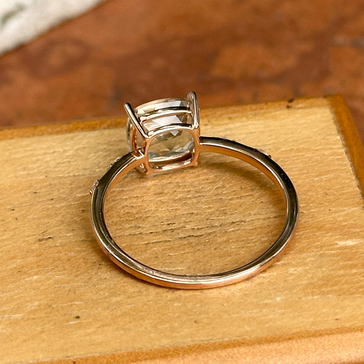 Estate 14KT Rose Gold Cushion Green Amethyst + Diamond Band Ring