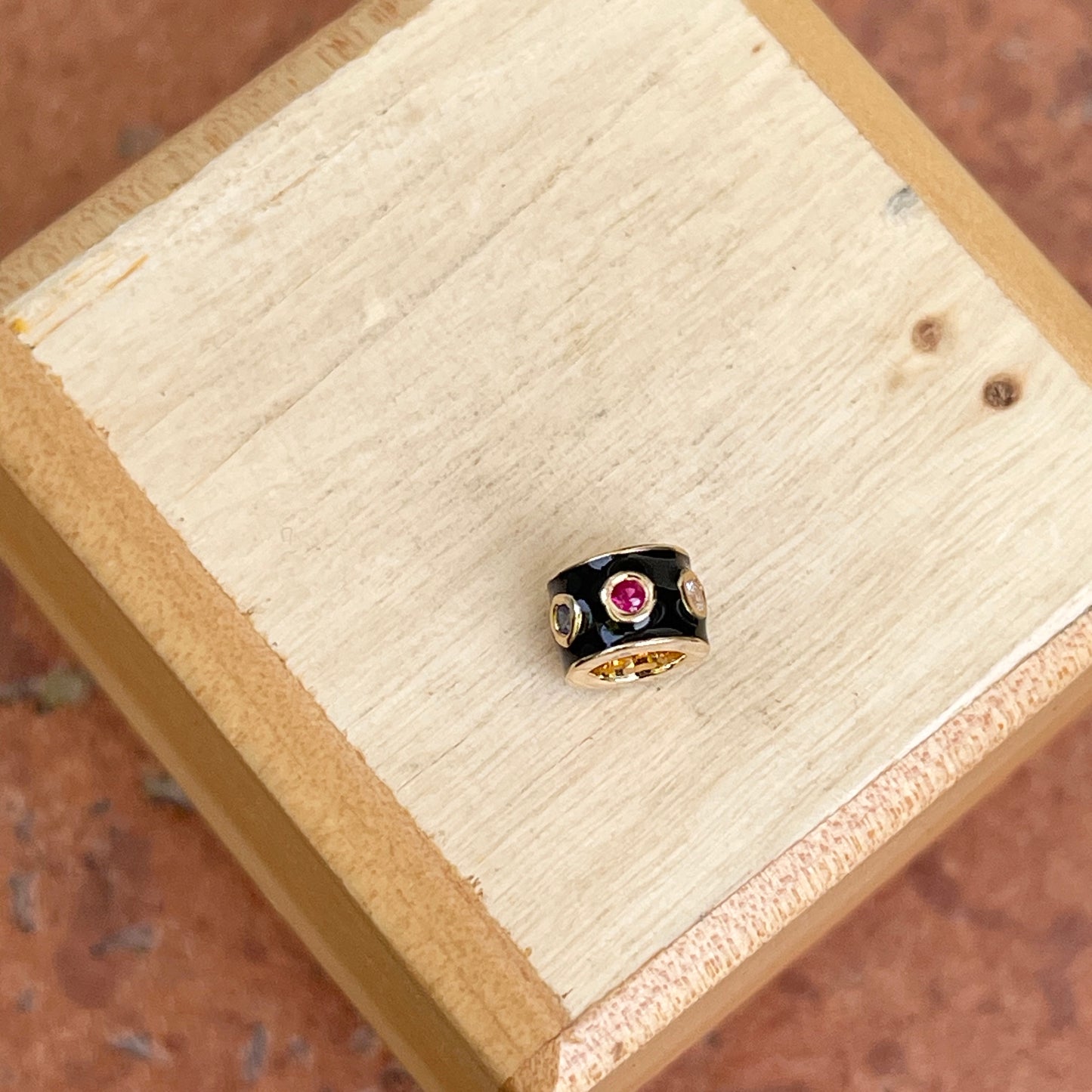 14KT Yellow Gold Black Enamel Multi-Colored Sapphire Roundel Pendant Slide