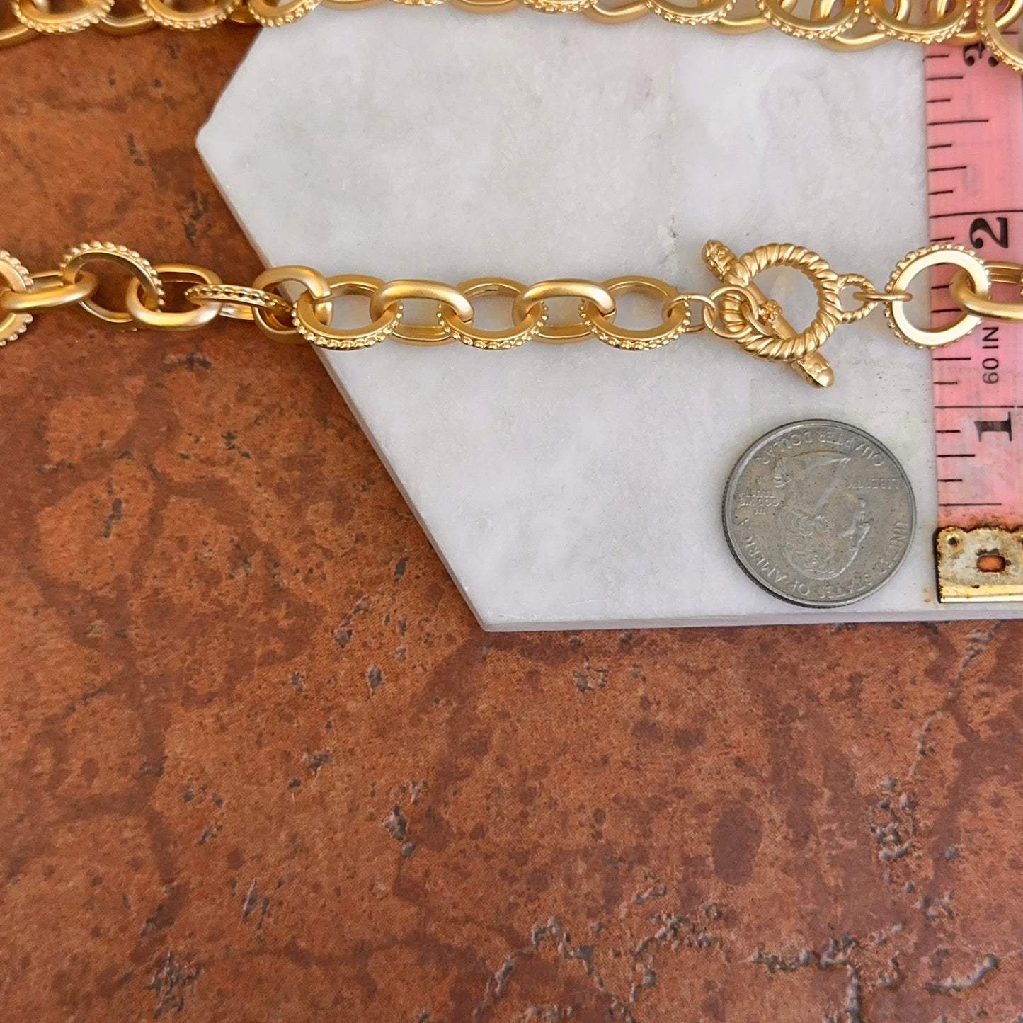 Yellow Gold-Plated Round Beaded + Oval Link Matte Toggle Necklace 29.5''