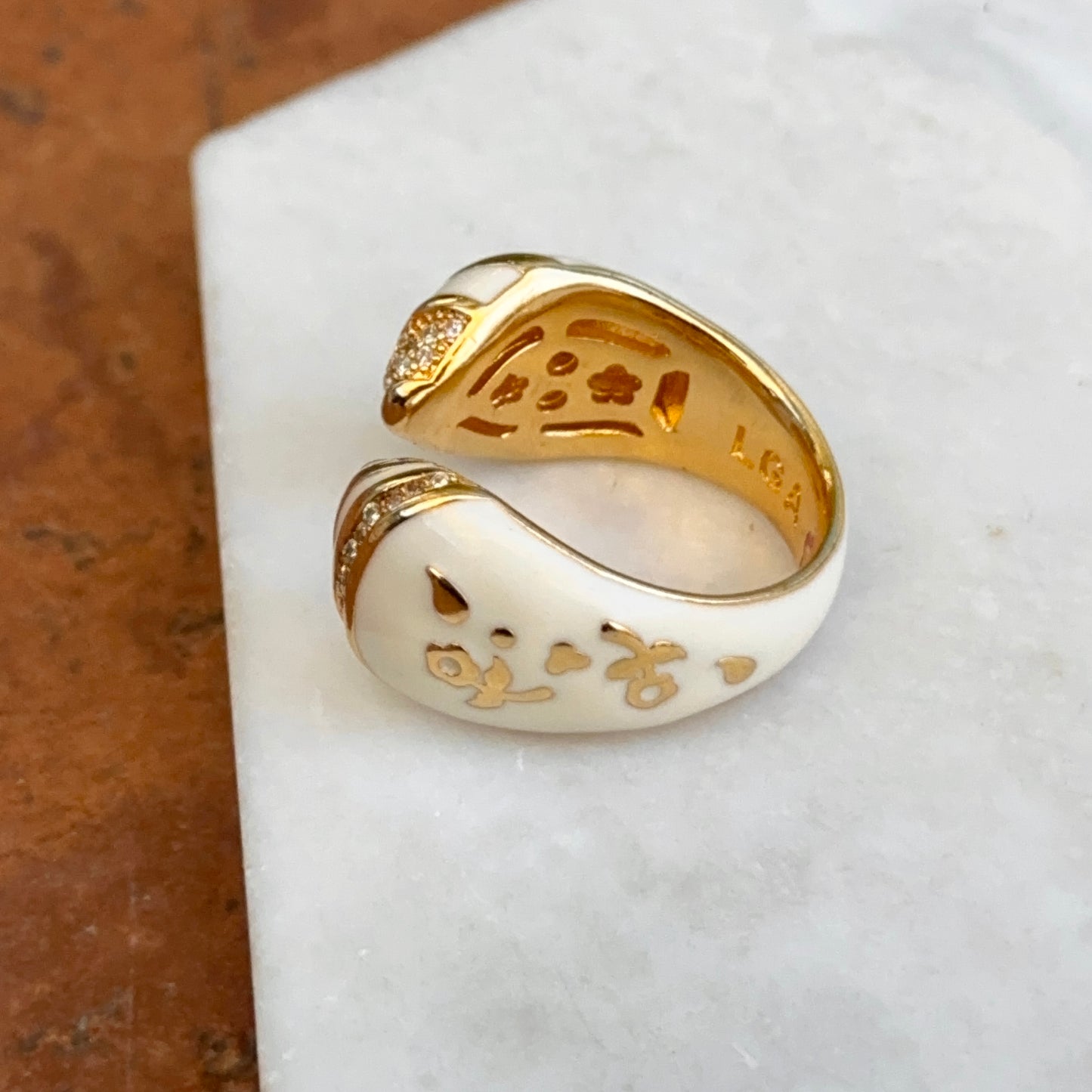 18K Yellow Gold-Plated Brass Round CZ Cream Enamel Lauren G. Adams Ring