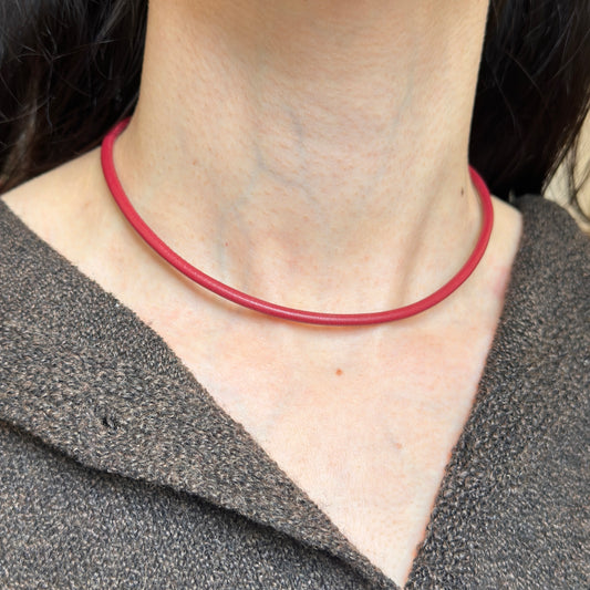 14KT Yellow Gold Dark Red Leather Cord Necklace Choker Adjustable